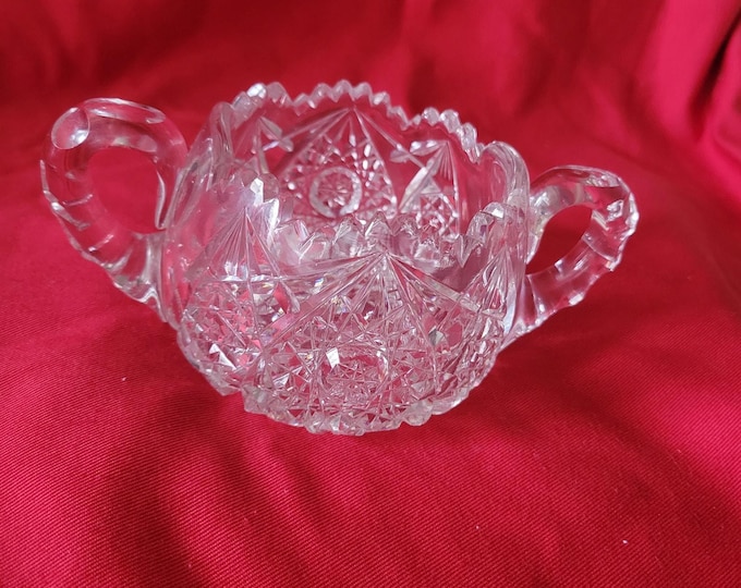 Antique American Brilliant Period Cut Glass Sugar Bowl Two Handles Sawtooth Mint