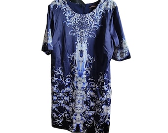 Dana Buchman Womens Dress Size 16 Boho Chic Knee-Length Lined Black Floral Geometric