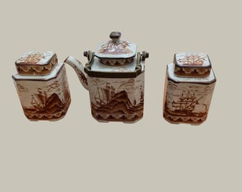 Japan Tea Set Vintage 40s 50s White Brown Nautical Ship Tea Caddies Teapot