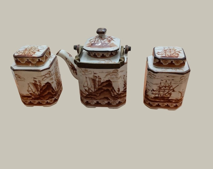 Japan Tea Set Vintage 40s 50s White Brown Nautical Ship Tea Caddies Teapot