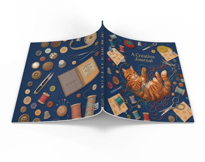 Playful Tabby Cat Sewing Illustration Softcover Photo Book | Sewing Buttons & Thread