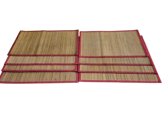 Set of 8 Vintage Bamboo Placemats: Pink MCM Boho Tiki Style 17x11.5