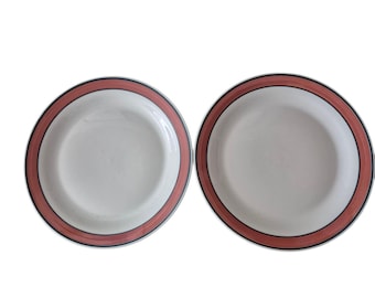 Rare Casual Choice Oneida Dinner Plates Stoneware White Rust Dark Teal Set 2