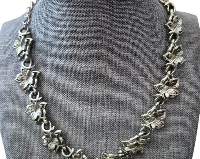 Vtg Coro Signed Silver Tone Leaf Choker Necklace Mid-Century Glam 13.5 - 16 inch