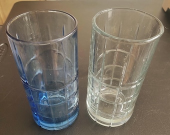 Vintage Anchor Hocking Tartan Glasses One Blue and One Clear Set of Two