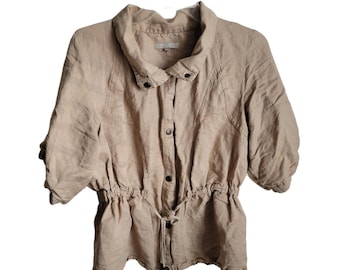 Joan Vass Women's Shirt Size Medium Snap closure and front tie roll tab sleeves