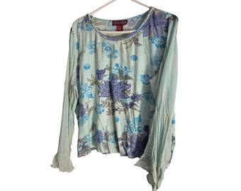 Y2K Sharon Anthony Floral Paisley Top Womens 1X Blue Beaded Mixed Media Boho