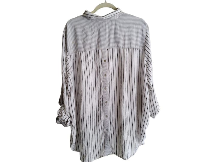 Women Top Plus 2X Jane + Delancey Monochrome Multi Striped Front Button Preppy