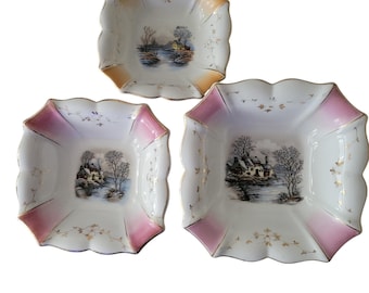 Antique Porcelain Nesting Bowls – Gold Trimmed Winter Spring Scenes