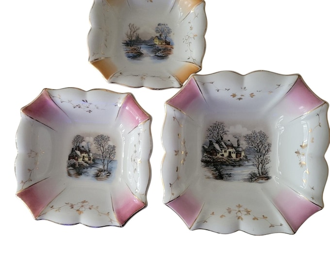 Antique Rare Bowls Decorative 3 Different Sizes & Scenes French German Gold Trim