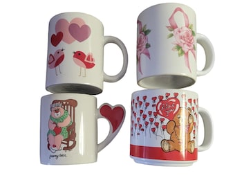 Set of 4 Valentines or Love Ceramic Mugs or Cups. Vintage