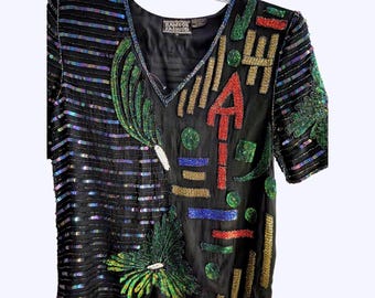 Rambob Fashion Beaded Silk Top Womens Med Black Vintage 80s Sequin Sparkle Boho
