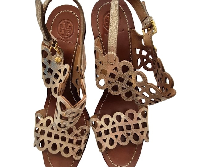 Tory Burch Nori Metallic Gold Leather Platform Cork Wedge Sandals 10.5 M Glam