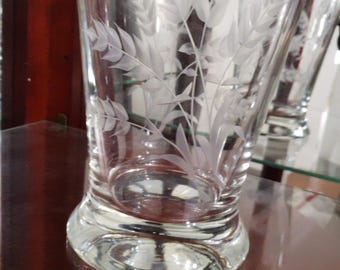 Hand Blown Clear Vase Etched Wheat Pattern Initial A Ribbon Rim 9” Vintage