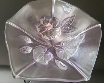 Vintage Mikasa Candy Dish: Pink Tinted Raised Floral Glass Bowl
