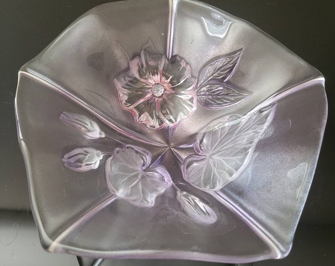 Vintage Mikasa Candy Dish: Pink Tinted Raised Floral Glass Bowl