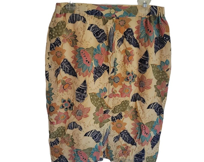 VTG 80s 90s Silk Boutique Women's Skirt L Pure Silk Floral Midi Geometric Money