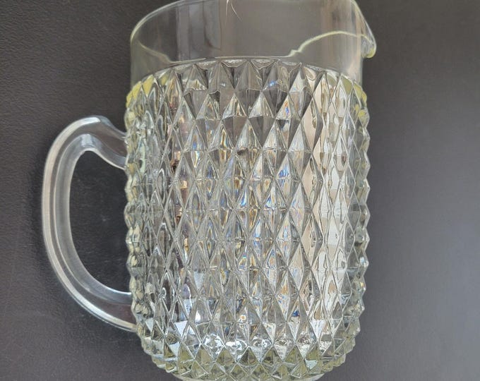 Vintage Indiana Glass Heavy Large Diamond Cut Glass Pitcher  MCM