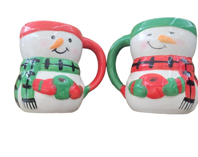 Vintage Christmas Coffee Cup Set of Two Red and Green Snowman Cups by Bay Island