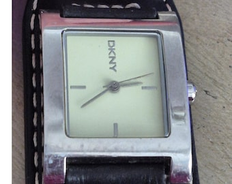 DKNY Cuff Watch Women OS Black Silver Leather Band Square Face Analog Trendy