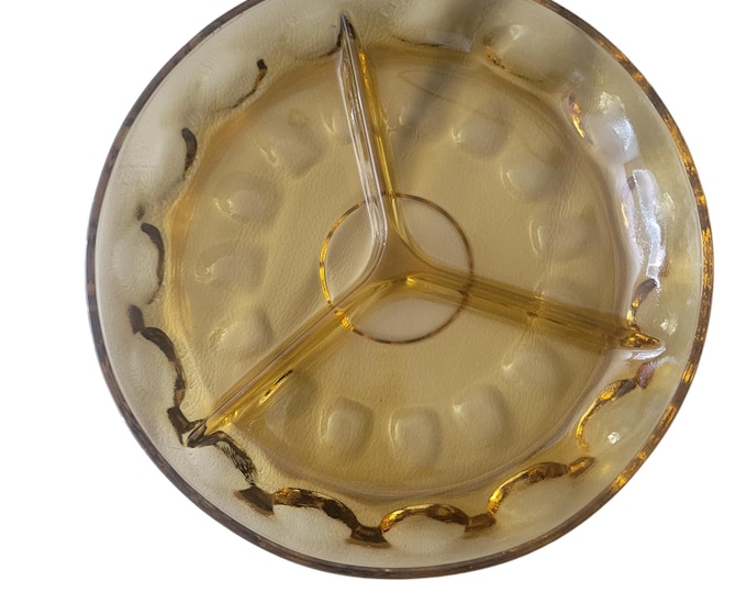 Mid Century Modern Divided 3 Section Relish Dish Thumbprint Reflection Amber by Hazel-Atlas