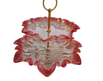 Mikasa 2 Tier Server Rosella Tulip Red Winter Scene Frosted Glass Holiday Vtg