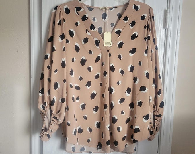 Trendy Jodifl V Neck Blouse L Balloon Sleeve Tan with Black White Print New