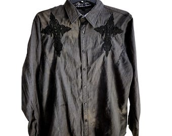Y2K ROAR Black Button Down Shirt Men's XL  Giant Spider Embroidered Y2K Grunge
