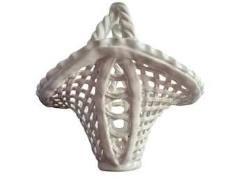 Vintage Mikasa Portugal White Ceramic Basket Lattice Reticulated Twisted Handle