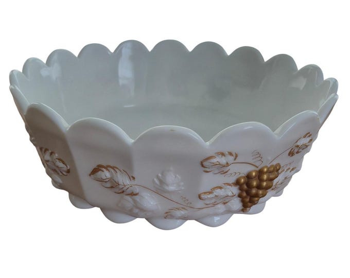 Westmoreland Serving Bowl Unisex 9.5in White Gold Panel Grapes Milk Glass Vtg