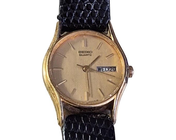 Vintage 1980s Seiko Womens Gold Tone Day-Date Watch, Japan Elegant Retro Classic