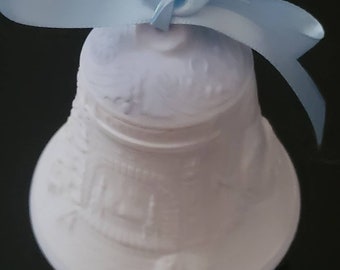 Lladró 1998 Christmas Bell – White Porcelain with Blue Ribbon – Family Holiday Scene – Made in Spain – 3” Collectible Ornament