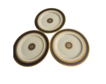 Mikasa Ventana Onyx Salad Plates Fine China 7.75 Blue Black Gold Set 3 Elegant