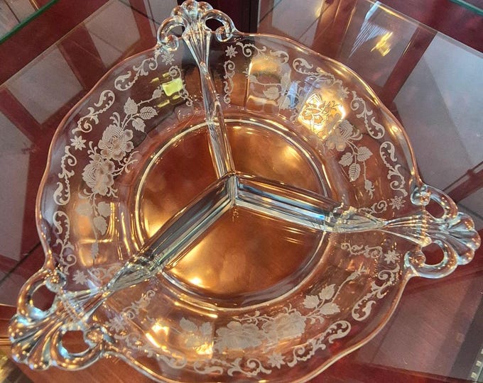 Rare Fostoria Midnight Rose 3-Part Relish Dish | Vintage Etched Glass | 1930s Depression Glass Elegance
