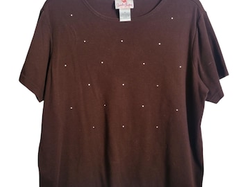 Quacker Factory Women 1X Top Brown 100% Cotton Sparkle Shiny Vintage 90s Y2K