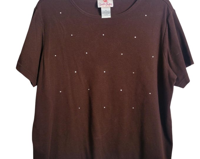 Quacker Factory Women 1X Top Brown 100% Cotton Sparkle Shiny Vintage 90s Y2K