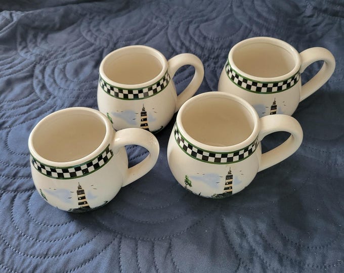 Vtg 90s Alco Industries Mugs Coastal Living Seaside Lighthouse Beach Ocean Set 4