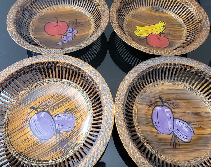 Rare MCM Apco Japan Melamine Lacquered Lattice Open Fruit Bowls Signed Set of 4