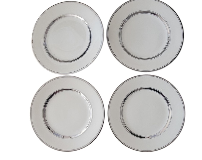 Atlas China Salad Plates: Vintage White Fine China with Silver Trim, Set of 4