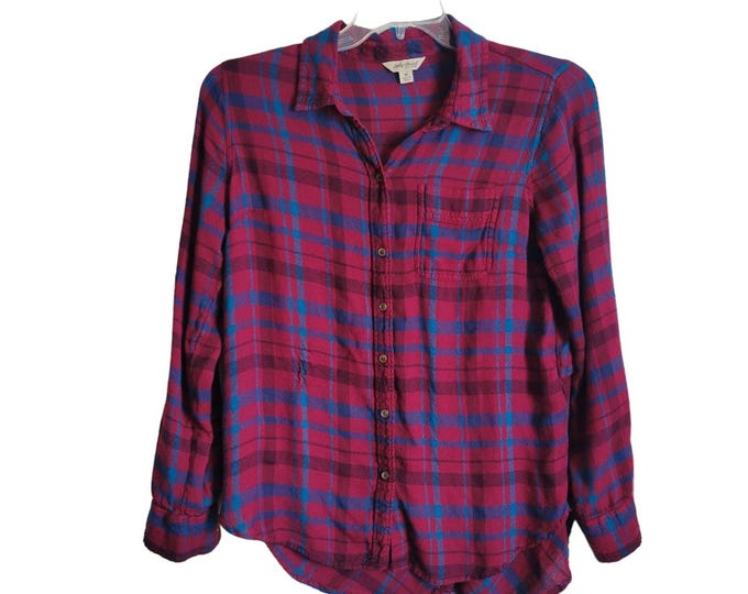 Lucky Brand Size M Women Button Up Shirt Soft lightweight Plaid Wine Teal Colors