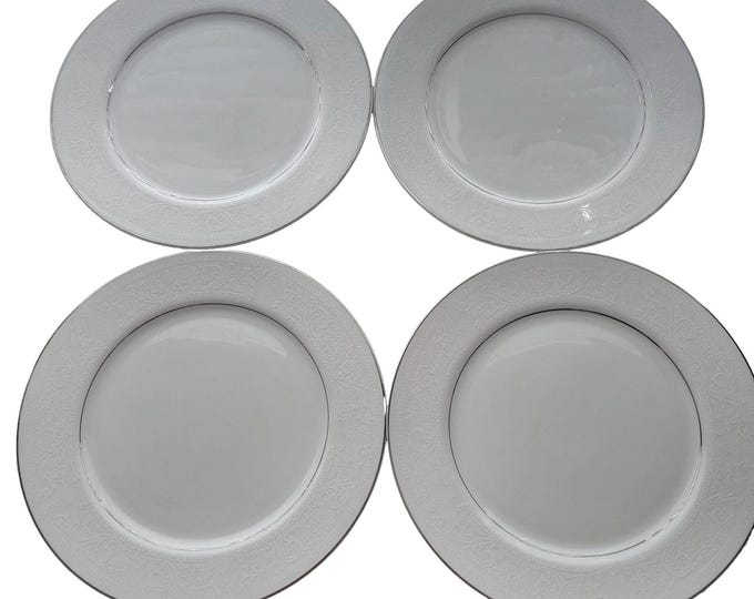 Vintage 80s Lace Bouquet Salem China Etched Dinner Plates Platinum Money Classy Chic Set of 4