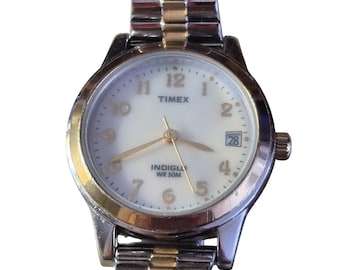 Timex Womens Indiglo White Dial Gold numerals Two Tone Band New Battery Date