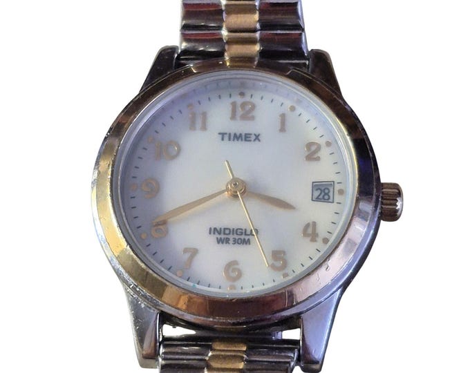 Timex Womens Indiglo White Dial Gold numerals Two Tone Band New Battery Date