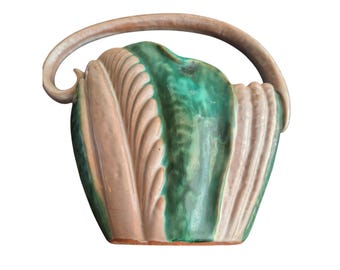 Mid-Century Modern Stangl 3616 Terra Rose Pottery Basket | Beige & Green Cornucopia | Vintage Mint Find