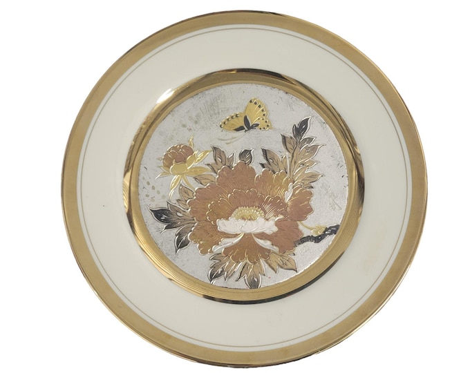 Japanese Chokin Plate Yoshinobu Hara Butterfly Floral 1983 Number Signed Vintage