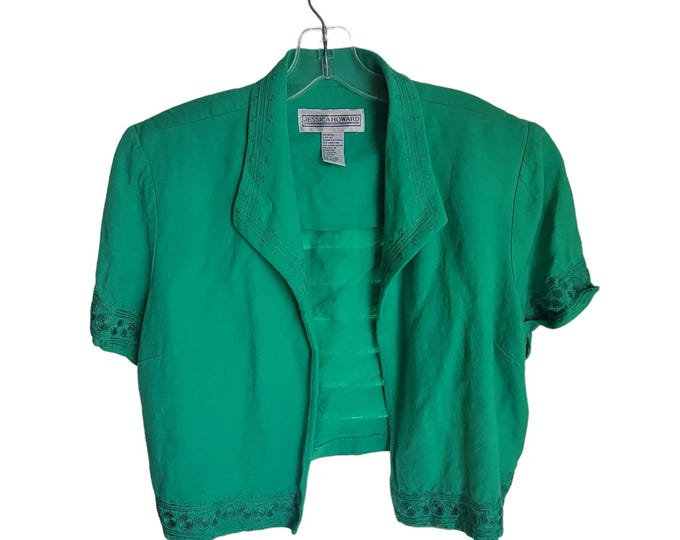 VTG Jessica Howard Women Jacket Size 14 Shrug Linen Blend Embroidery Cottagecore