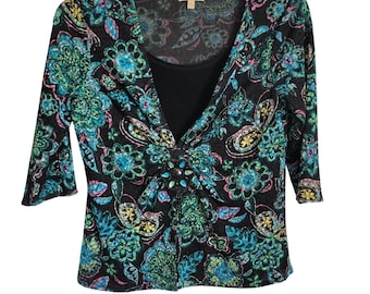 Choices Women Top Size M Black Colorful Sparkle Thread Paisley Floral .75 Sleeve