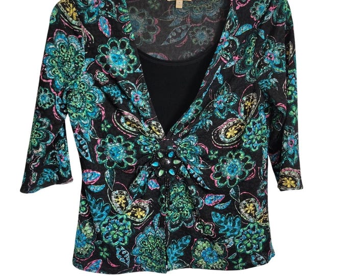 Choices Women Top Size M Black Colorful Sparkle Thread Paisley Floral .75 Sleeve