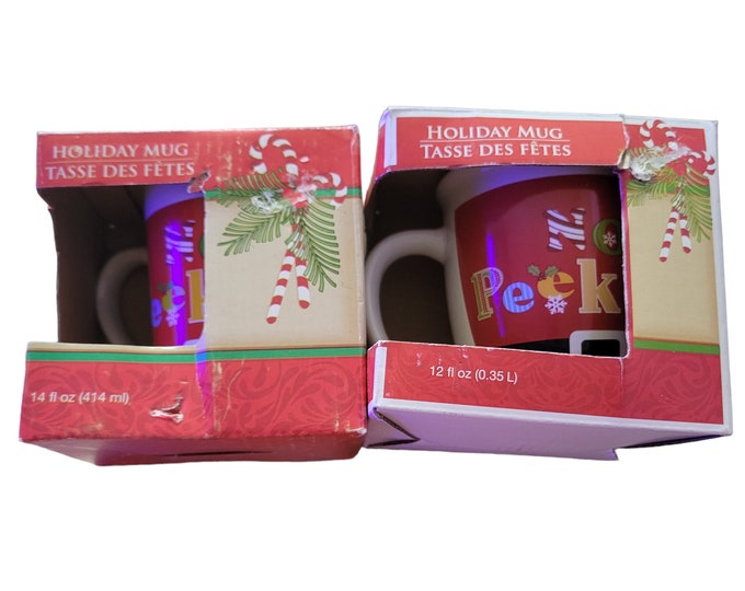 Christmas Holiday Royal Norfolk Santa Mug  No Peeking written on it. Set of 2