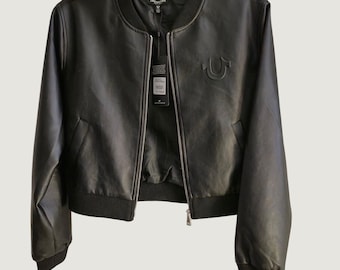NWT True Religion Women Cropped PU Leather Bomber Jacket Black Size L Moto Edgy